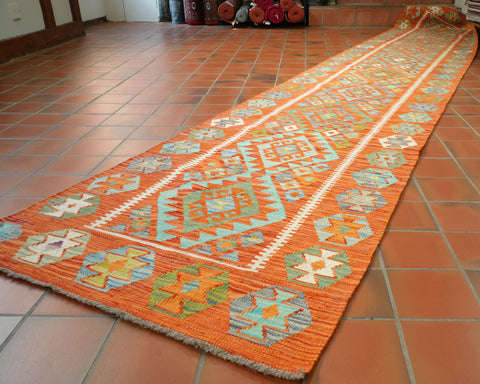 Handmade Afghan Kilim extra long runner - 309424